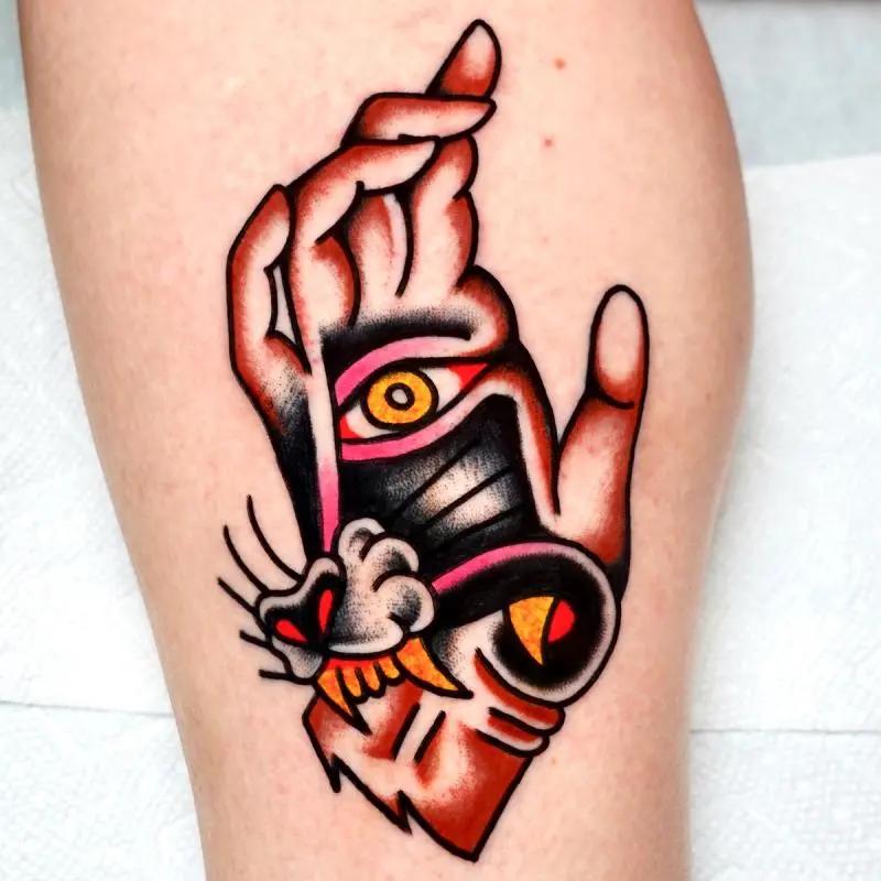 a hand tattoo with eye